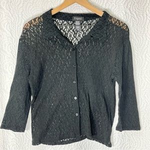Diagonal Sheer 3/4 Sleeve Button Down Black Top